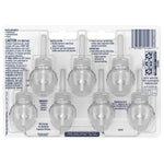 Back of Glade PlugIns blister pack showing seven clear refill bottles in molded plastic with printed instructions