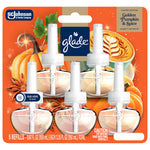 Glade PlugIns blister pack front view with five oil refills on orange golden pumpkin & spice themed backing art