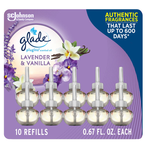 Glade PlugIns scented oil lavender & vanilla refill blister pack showing ten round oil refill bottles against a purple floral background
