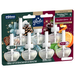 Perspective shot of Glade PlugIns 7-count refill blister pack with visible clear bottles and seasonal flavor graphics