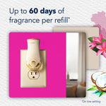 Glade wall plug-in warmer shown in an outlet with text claim up to 60 days of fragrance and floral accents