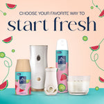 Product assortment graphic showing multiple Glade formats including plug-in device, aerosol, and candles with watermelon and cucumber design elements.