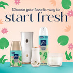 Promotional graphic showing multiple Glade products including a soft mist can, plug-in devices and a candle with floral motif