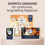 Assorted Glade products including Vanilla Caramel Twist twin-pack and other jars displayed under headline about continuous, long-lasting fragrance