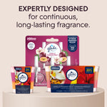 Product range display featuring Glade plug-in refills alongside the vanilla passion fruit candle and two-pack packaging