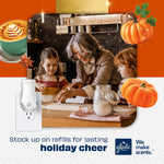 Lifestyle promotional graphic with family baking scene, pumpkins and a Glade PlugIns diffuser illustration