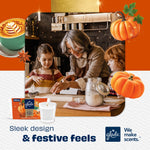 Lifestyle graphic of family baking with pumpkins and a Glade candle and packaging inset, festive orange design accents