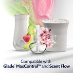 Product lineup showing refill bottle, plug-in base and device with melon and cherry blossom accents and compatibility text