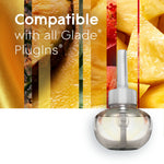Single Glade PlugIns refill bulb at bottom with text declaring compatibility and pineapple-like fruit background imagery