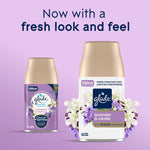 Two Glade lavender & vanilla automatic spray refills on purple background with text announcing a fresh look