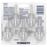 Clear blister pack backing showing five Glade refill bottles from the rear with usage and caution text visible