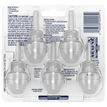 Clear blister tray view of five Glade plug-in oil refill bottles visible from the pack's back with printed instructions