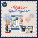 Retro-themed Glade promo showing Beach Life PlugIns starter kit alongside other Glade products and fireworks-style graphics