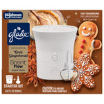 Front-facing Glade Scent Flow Cozy Gingerbread starter kit box showing white device, refill bottle and gingerbread art