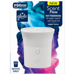 Front-facing Glade Scent Flow device shown on branded colorful package art labeled 'device only'