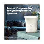Glade Scent Flow white fragrance device shown on a tabletop with living room backdrop and headline text