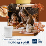 Lifestyle scene of family baking with Glade Scent Flow device and gingerbread accents promoting holiday spirit and scent