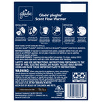 Instruction and safety panel for Glade plugIns Scent Flow warmer with installation diagrams and warnings