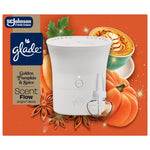 Glade Scent Flow starter device and refill shown on orange pumpkin-and-spice themed packaging with logo