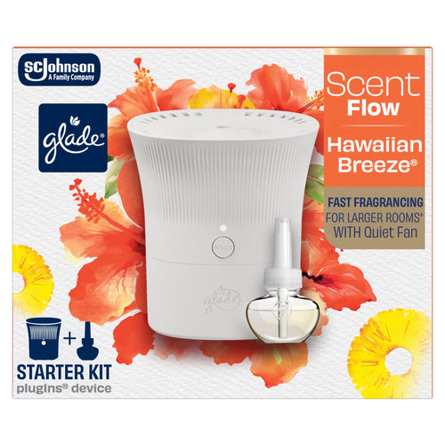 White Glade Scent Flow plug-in device and refill bottle pictured on Hawaiian Breeze branded packaging with floral artwork.