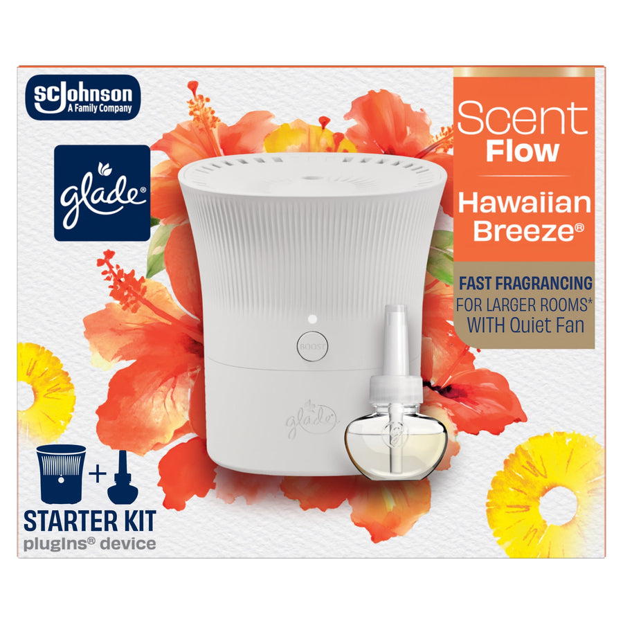 White Glade Scent Flow plug-in device and refill bottle pictured on Hawaiian Breeze branded packaging with floral artwork.