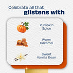 Graphic card listing scent notes: pumpkin spice, warm caramel and sweet vanilla bean with small icons
