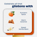 Informational graphic listing scent notes with pumpkin, caramel and vanilla bean icons on textured card