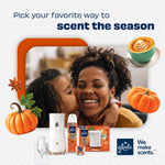 Promotional graphic showing smiling mother and child with Glade plug-in and candle product images and pumpkin-themed decorations