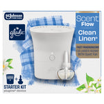 Glade ScentFlow starter kit box art showing white fan-style plug-in device and refill bottle with clean linen motif