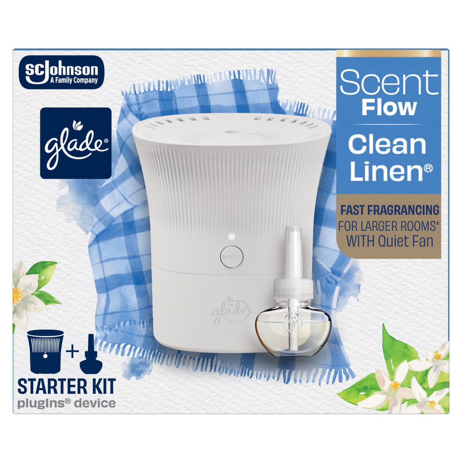 Glade ScentFlow starter kit box art showing white fan-style plug-in device and refill bottle with clean linen motif