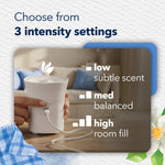 Hand adjusting intensity on a white Glade ScentFlow device with text showing three intensity settings: low, med, high