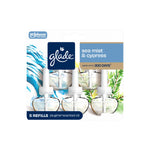 Glade sea mist & cypress scented oil refill five-pack on retail backing with visible refill bottles and Glade logo