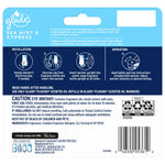 Back of Glade Sea Mist & Cypress refill package showing installation icons, safety cautions, ingredient and barcode panel