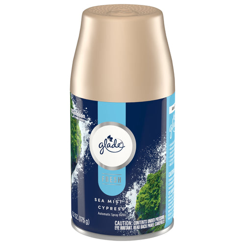 Glade automatic spray refill can in gold-topped cap with Sea Mist & Cypress label and ocean imagery.