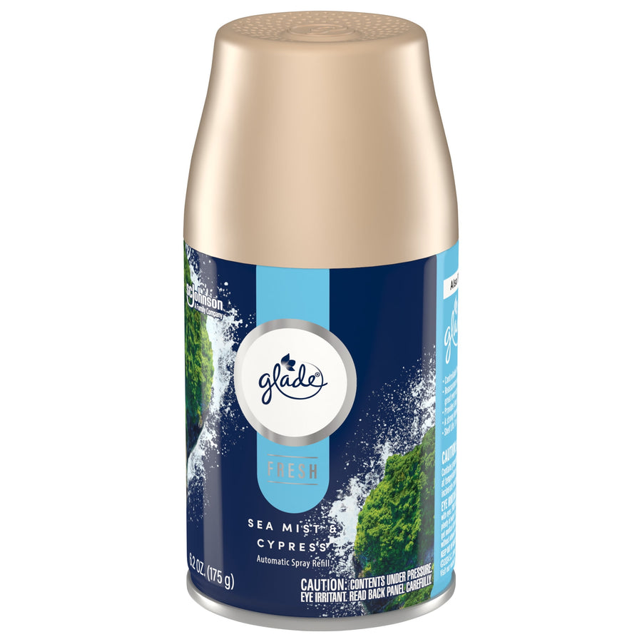Glade automatic spray refill can in gold-topped cap with Sea Mist & Cypress label and ocean imagery.