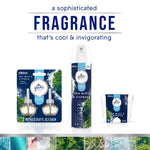 Product lineup image showing Glade Sea Mist & Cypress refill, spray, and candle with headline "a sophisticated FRAGRANCE that's cool & invigorating"