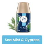 Glade Fresh Sea Mist & Cypress automatic spray refill can with navy label and cypress sprig graphic.