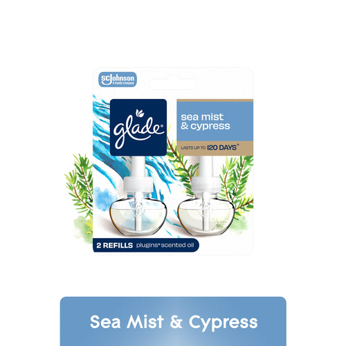 Glade Sea Mist & Cypress scented oil refills in blister pack showing two clear refill bottles and brand logo