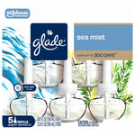 Retail pack close-up of Glade sea mist refill bottles with Glade logo and product name visible on packaging