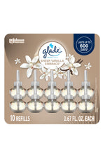 Glade plugIns Sheer Vanilla Embrace refill blister pack showing ten round oil refills and floral vanilla artwork