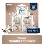 Glade PlugIns Sheer Vanilla Embrace refill five-pack blister card showing three clear refill bottles and vanilla flowers