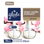 Front-facing Glade packaging showing two sheer vanilla embrace refill bottles and Glade logo