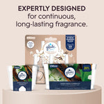 Assortment of Glade Sheer Vanilla Embrace products and refills arranged with headline about expertly designed continuous, long-lasting fragrance.