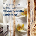 Decorative graphic with orchid blooms and wood textures with the phrase “The snuggle is real with Sheer Vanilla Embrace”