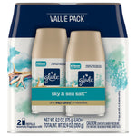 Glade value pack showing two Sky & Sea Salt automatic spray refill cans with blue-green watercolor sea imagery on the packaging.
