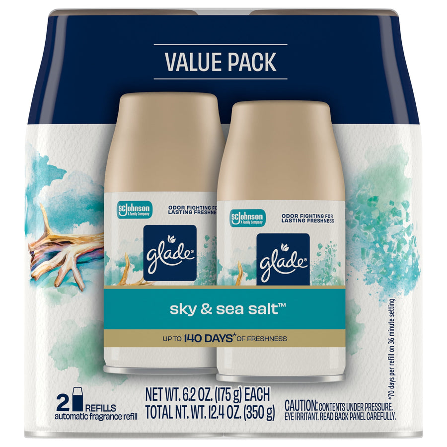 Glade value pack showing two Sky & Sea Salt automatic spray refill cans with blue-green watercolor sea imagery on the packaging.