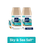 Two Glade Sky & Sea Salt automatic spray refill cans with sea-themed splash and a 'Two Pack' label