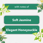 Graphic panels listing fragrance notes with green rounded banners reading “Soft Jasmine” and “Elegant Honeysuckle” surrounded by jasmine illustrations.