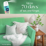 Glade soft mist spray shown dispensing mist over a green couch scene with text claiming up to 70 days on low setting