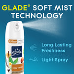 Glade Cozy Vanilla aerosol can spraying a fine mist with text highlighting soft mist technology and light spray